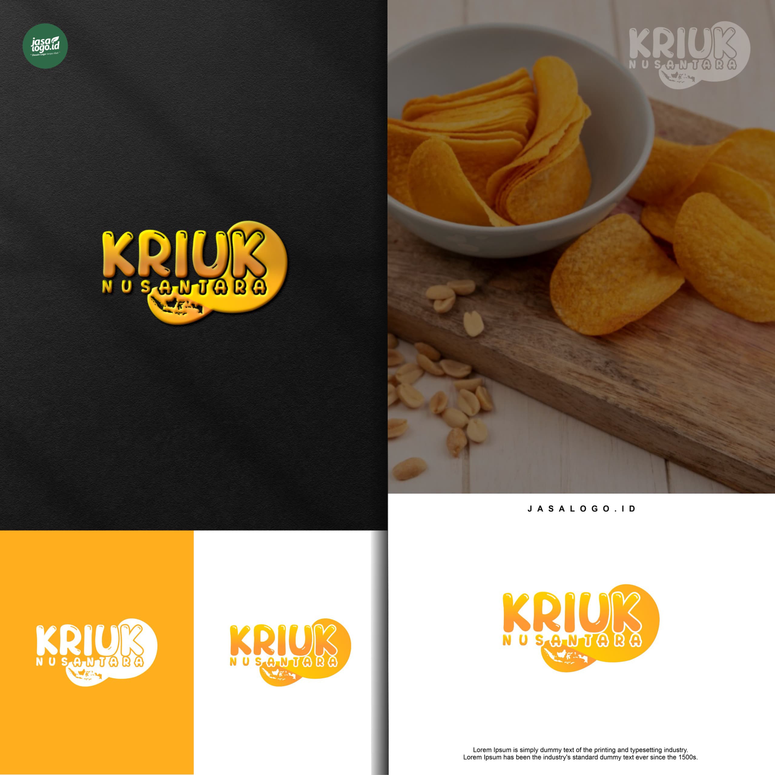 Desain Logo Kriuk Nusantara Tipografi Bulat dan Warna Cerah dalam Logo Brand Makanan
